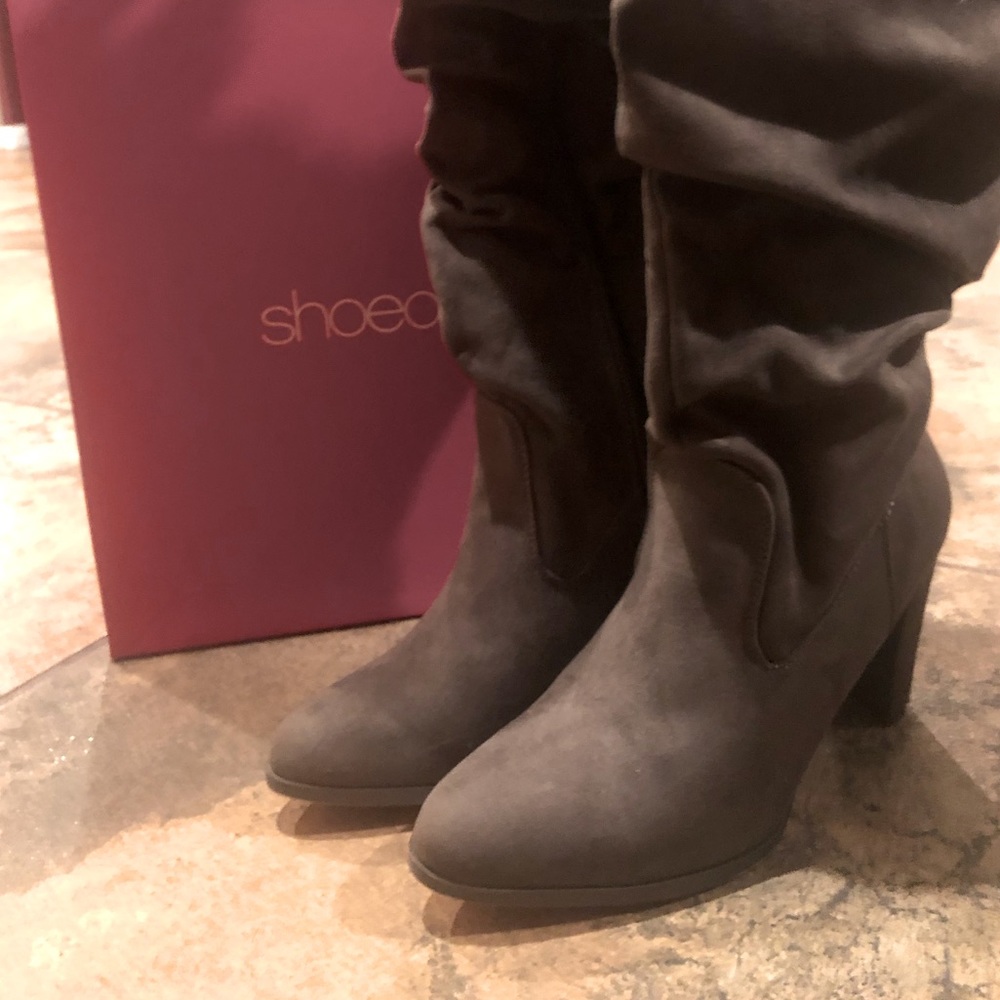 Shoedazzle dark taupe faux suede heeled boots.